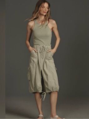 Anthropologie Daily Practice Be Bold Twofer Drawstring Tank Midi Dress, Moss XS